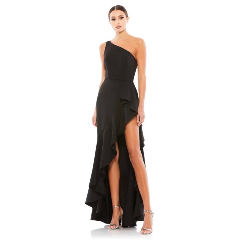 NWT IEENA Mac Duggal One Shoulder High Slit Ruffle Gown Black 49089 Sz 6‎ $358